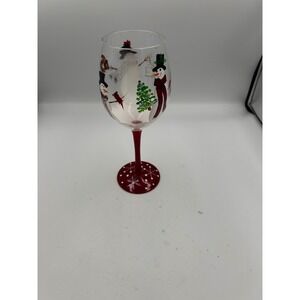 Hand Painted Snowman Wine Glass Red Stem Holiday Christmas Stemware Cardinal